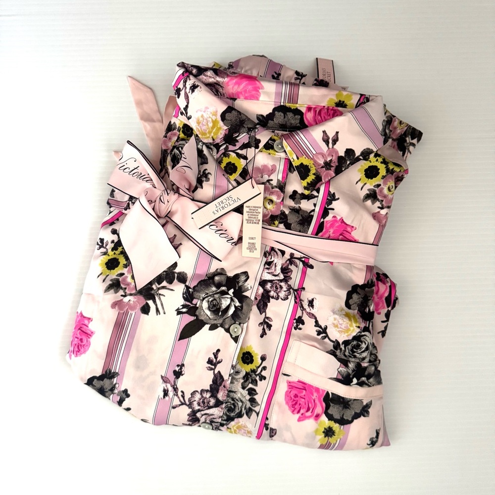 Victoria's Secret Satin Pajamas Pink Floral Stripe Print VS Size Medium - Picture 3 of 9